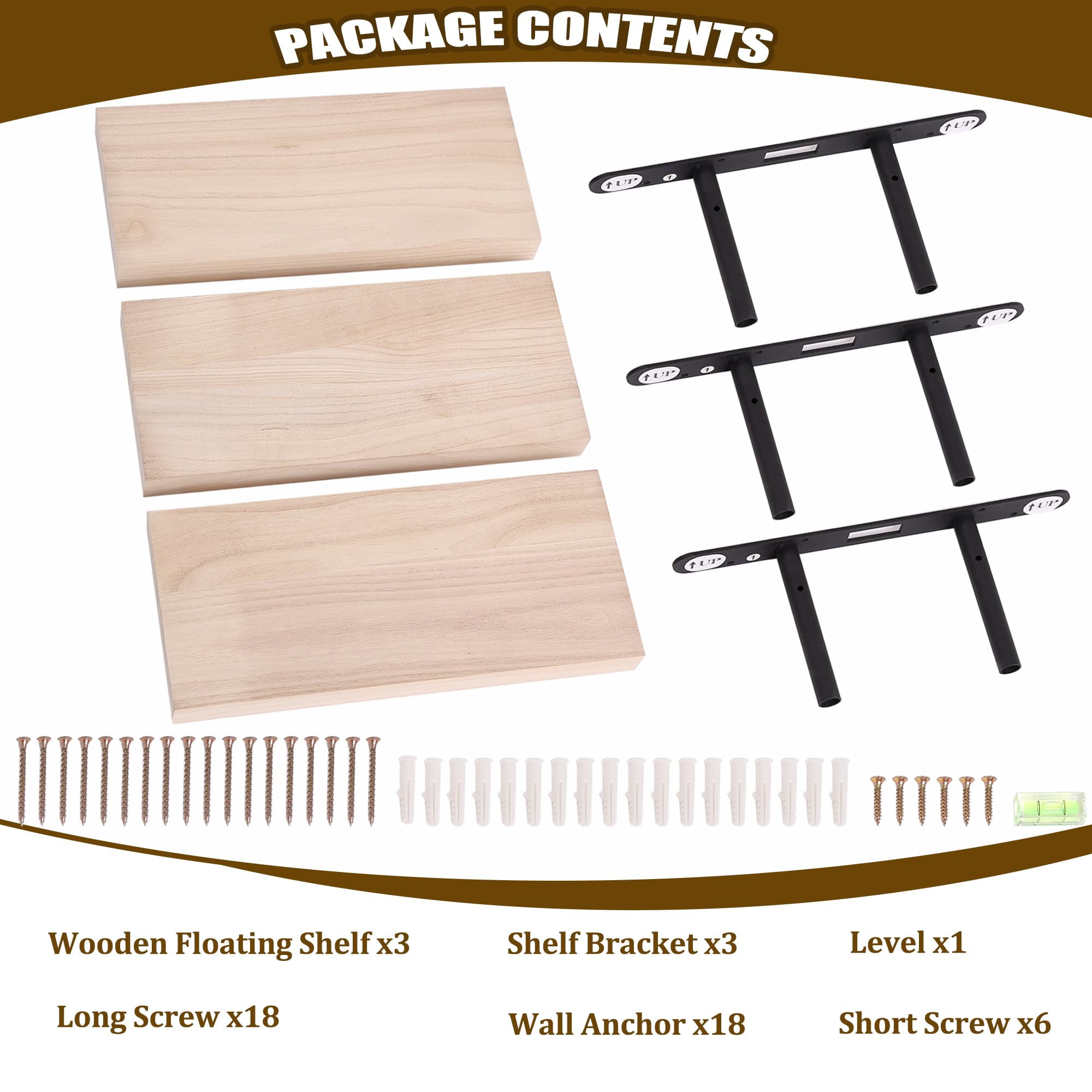 Floating Shelves for Wall Set of 3-Rustic Brown Solid Wood Wall Mounted Shelves,16" Long x 7" Deep x 1.6" Thick,Heavy Duty Shelving for Bedroom, Living Room, Kitchen, Bathroom (16inch)