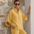 thumbnail image 7 of Evdexr Cotton Linen Sets for Women 2 Piece Sleeve V Neck Button Shirts and Wide Leg Pants Outfit Set 2026 Casual Loose Fit Business Travel Suits Earthy Yellow M, 7 of 7