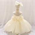 thumbnail image 2 of AJTQTH Kids Princess Dress Girls V-Neck Sleeveless Flower Decoration High-Waisted Nightgowns Mesh Elegant Solid Color Flowy Midi Dress with Bows Hairband Beige 5 Years, 2 of 9