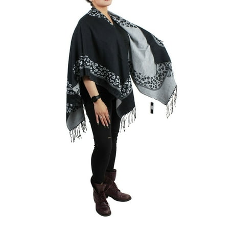 - Leopard Print Two Tone Open Front Ruana Wrap Black and White