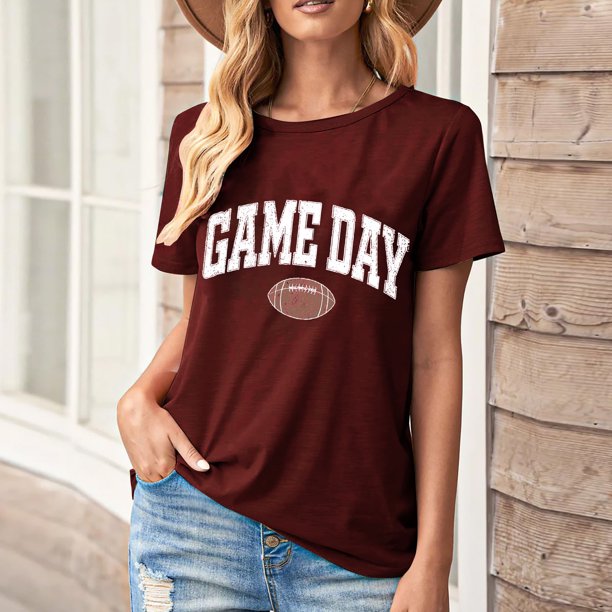 Karight Football Shirts for Women Game Day T Shirts Football Outfits Funny Graphic Tee Casual Short Sleeve Tee Shirts