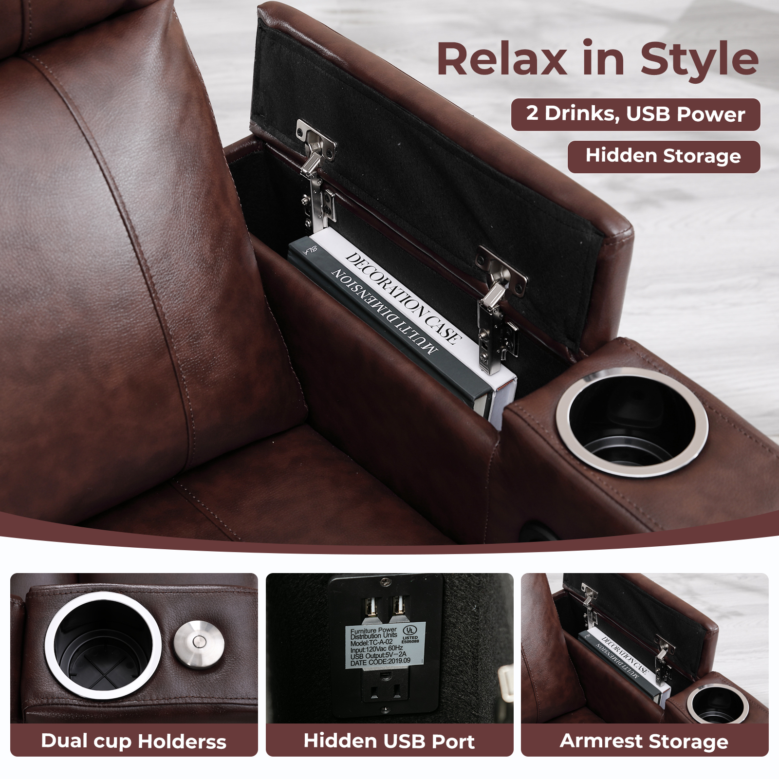 Bonzy Home Power Electric Recliner Chair, PU Leather Home Theater Seating with Swivel Tray Cup Holders, USB Port & Hidden Storage, Single Movie Recliner for Living Room Media Room, Brown