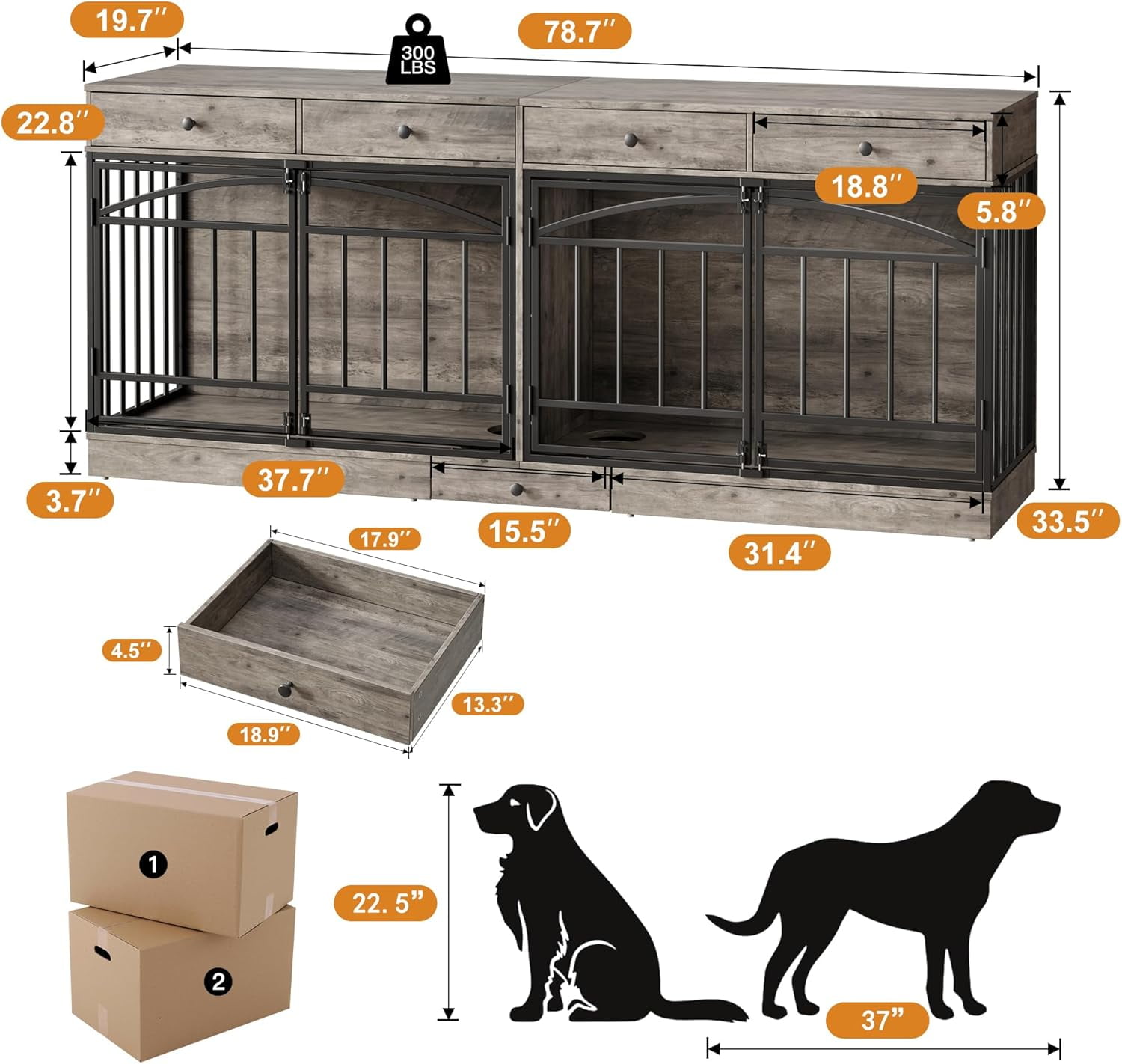 Dog Crate Furniture for 2 Dogs, Dog Kennel Indoor with 4 Storage Drawers and Feeding Bowls, Double Dog Crate TV Stand for Small Medium Dogs, Grey