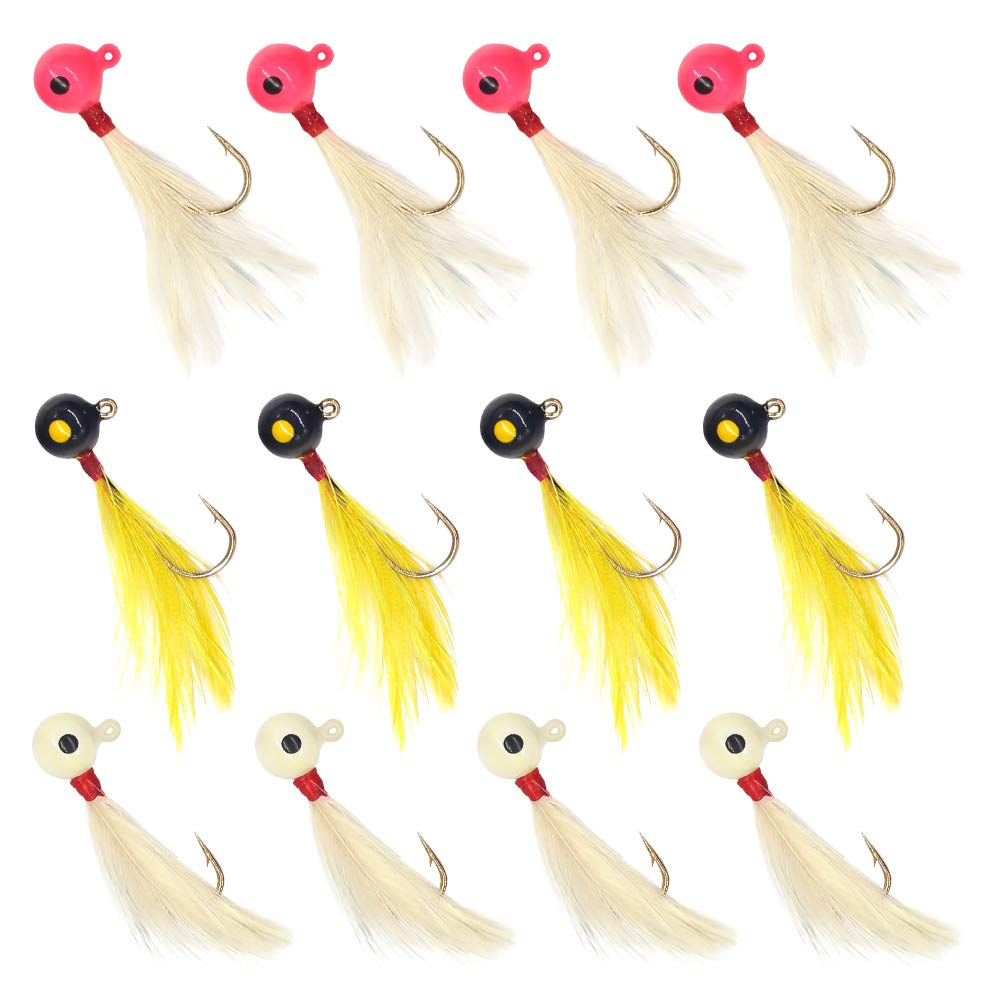 YZD 12 Piece Crappie jig Head Fishing Lure Hook with Feather Fly Fishing Panfish Sunfish Hair