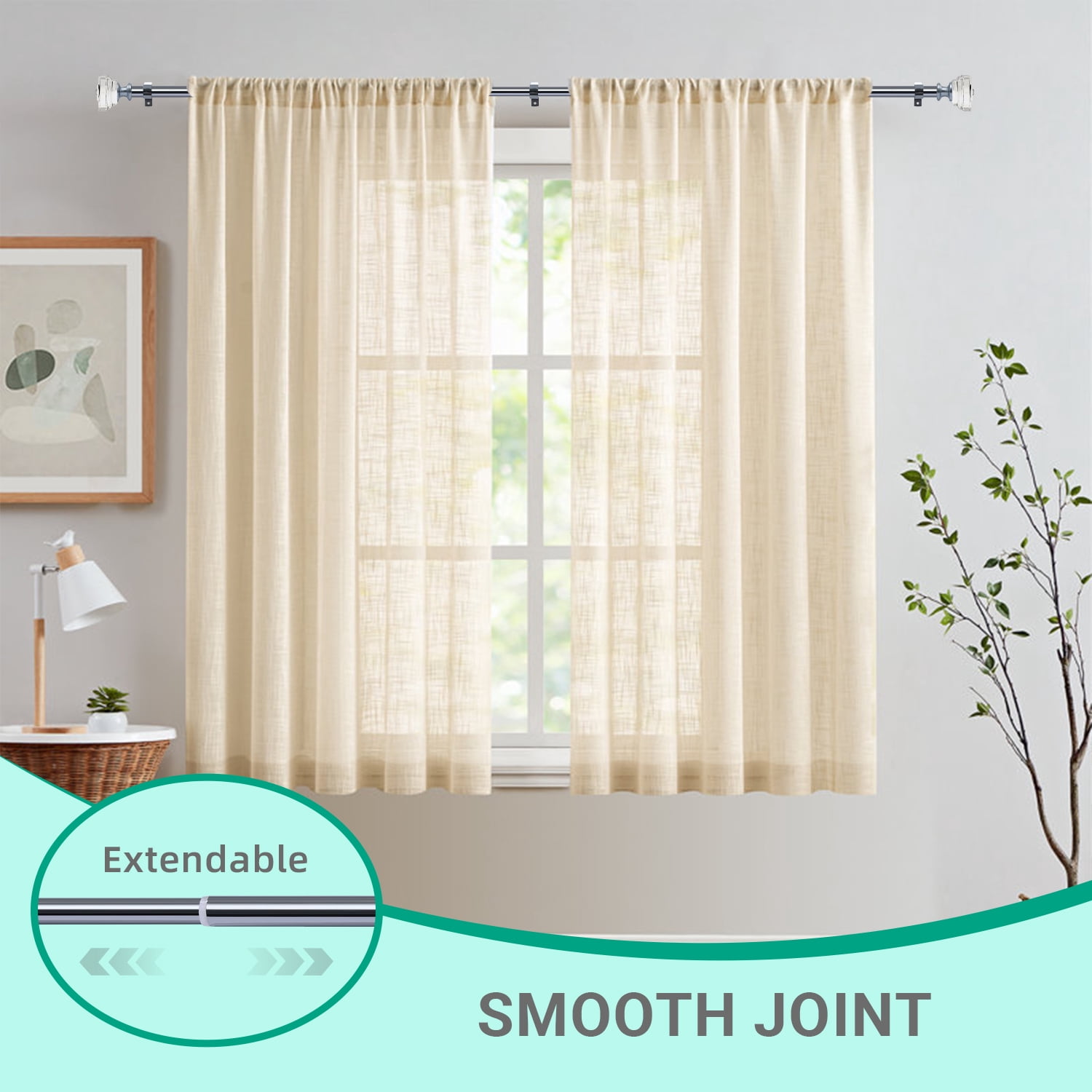 Curtain Rod Adjustable Window Drapery Rods with clear acrylic plexiglass square finials, 3piece brackets, hardware kits. Chrome 48-86 inches.