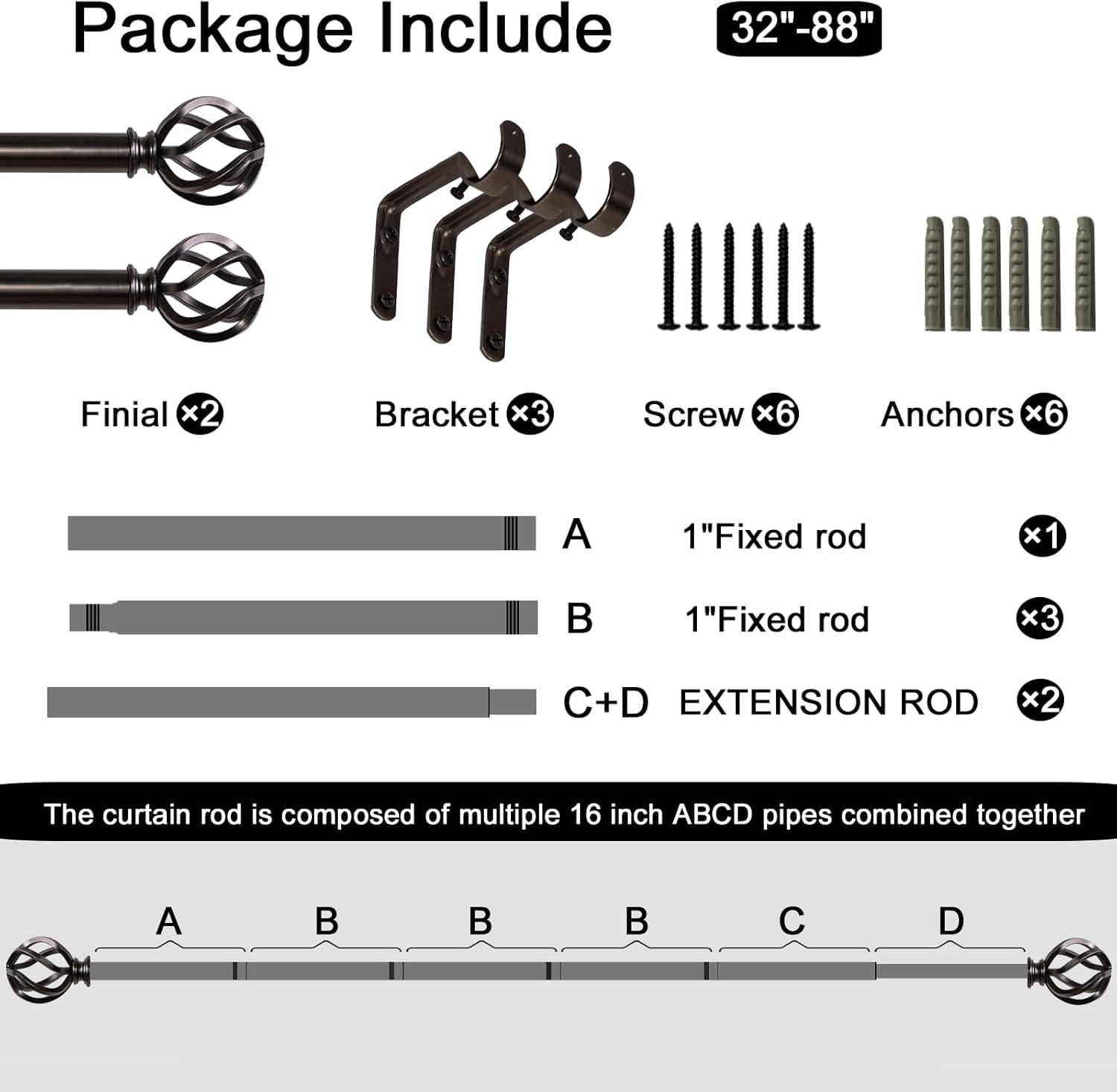 AllWays Plaza Nickel Curtain Rods 18 to 88 Inches, 1 Inch Modern Drapery Rods, Adjustable Heavy Duty Curtain Rod, with Twisted Cage Finial for Home & Office (18"-88"Antique Nickel)
