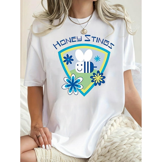 Camiseta con estampado de abeja y flor de dibujos animados "Miel Picada" para mujer: top informal de verano, suave y cómodo, camiseta blanca de cuello redondo con diseño divertido, ideal para vacacion