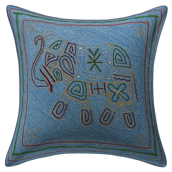 Stylo Culture Ethnic Couch Throw Pillow Cover 16 x 16 Zari Embroidered Blue Traditional 40x40 cm Living Room Toss Pillow Case Cotton Elephant Square Cushion Cover | 1 Pc