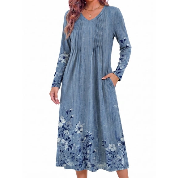 KISSGAL Women Nightgowns Long Sleeve Sleepshirts Pleated Long Nightdress V Neck Curved Hem Night Gown Sleepwear with Pockets