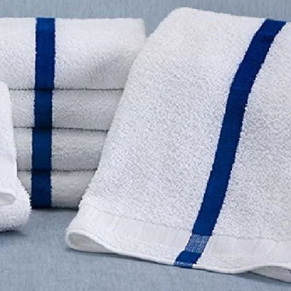 Towels N More 12 Pack 24x48 Soft Poolside Towels, Large Super Absorbent Pool Towel White with Blue Center Stripe for Home Pool Spa Gym Hotel Motel Rental Room Use 100% Cotton Bath Towels
