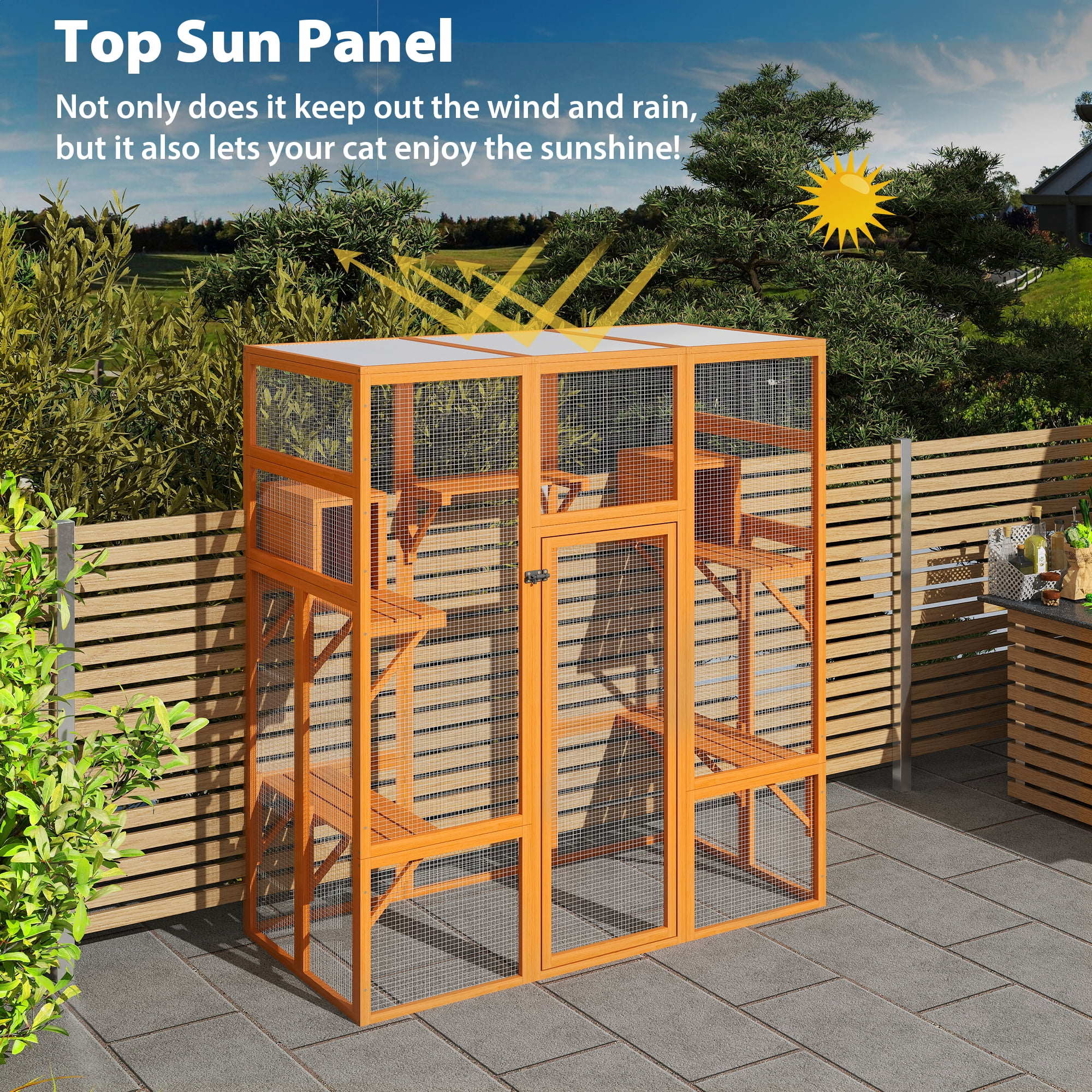 Coziwow Large Wooden Cat Enclosure, Outdoor Cat Cage With Weatherproof Cover, Orange