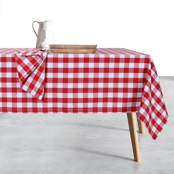 HEIRLOOM COMFORT Gingham Checkered Tablecloth 60x84 Inch, 100% Cotton, Classic Check Pattern, Washable Table Cover for Farmhouse Decor, Picnics, Holiday Meals, Party, Everyday Dining, Red White