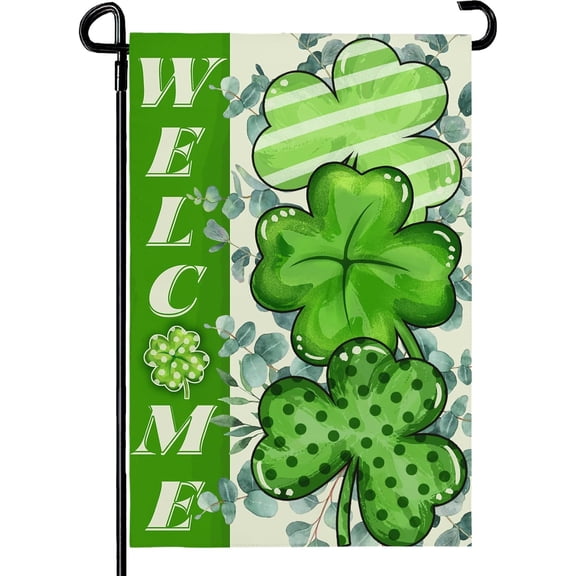 St Patricks Day Garden Flag 12x18 Inch Green Shamrock Garden Flags for Outside Welcome St.Patrick''s Day Yard Flags Outdoor Holiday Decor for Graden Lawn Double Sided