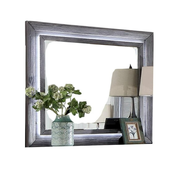 BenJara Reno Dresser Mirror, White LED Lights, 46 Inch Gray Solid Wood Frame