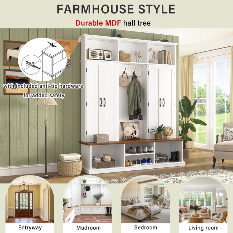 Farmhouse Hall Tree with Top Cubbies, Entryway Bench with Open Compartments, 62.2'' W Coat Rack with Hooks and Cabinets for Hallway Mudroom