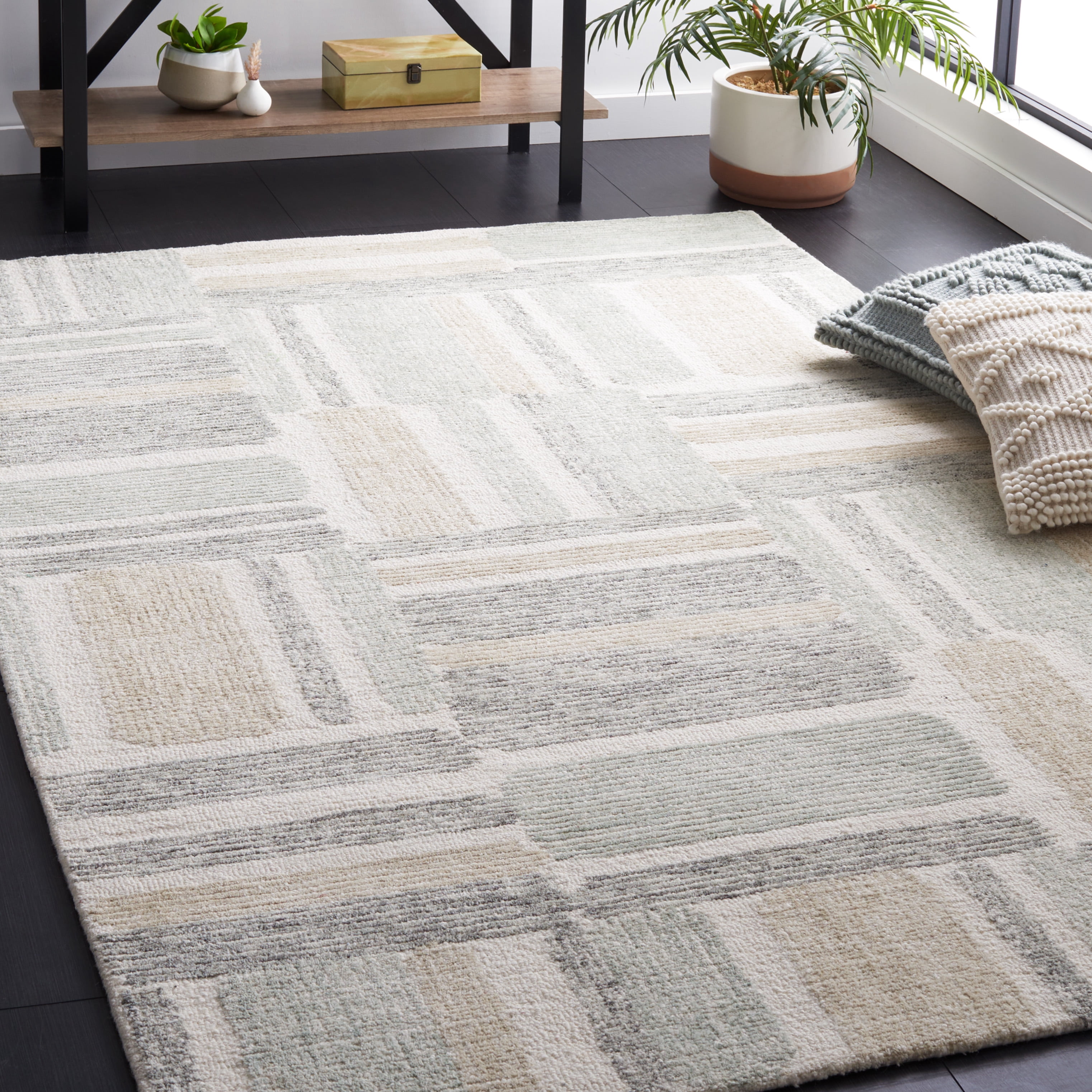SAFAVIEH Micro-Loop Bedelia Geometric Striped Area Rug, Ivory/Grey, 5' x 5' Square