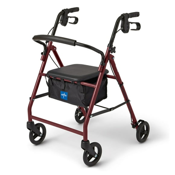 Andador con ruedas Medline de aluminio con asiento, color burdeos, capacidad de peso de 113 kg, ligero, ruedas de 15 cm, plegable, asas ajustables, ideal para personas mayores.