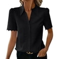 thumbnail image 2 of ClodeEU Women's Collared V Neck Short Sleeve Button Shirt with Lace Trim,Casual Fitted Work Shirt for Office Black,Women's Plus L, 2 of 7