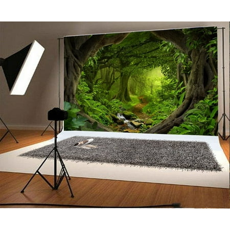 HelloDecor Polyster 7x5ft Jungle Forest Backdrop Photography Background Dreamy Old Tree Green Grass Lawn Rock Stone Dirt Road Enchanted Kids Adults Portraits Backdrops Photo Studio