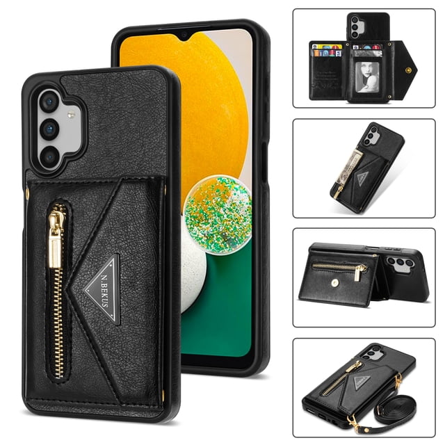 Luxury Leather Wallet Case for Samsung Galaxy A13 4G/5G,with Card Slots Zipper Pocket Kickstand Function Adjustable Crossbody Shoulder Strap Shockproof Purse Phone Case, Pink