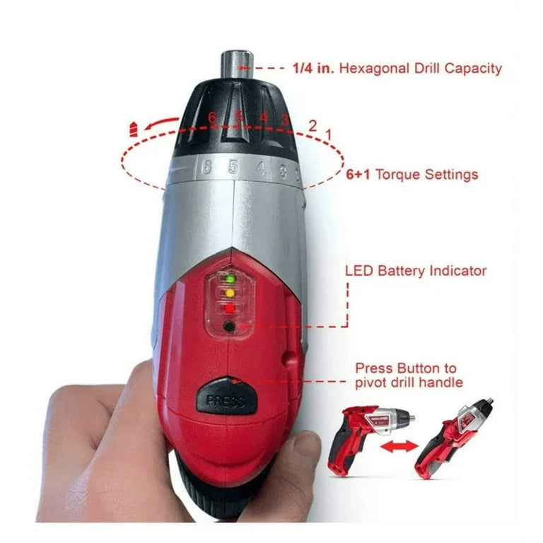 ULTRA STEEL 4V Lithium Ion Cordless Rechargeable Dual Position Screwdriver 6 1 Torque Settings LED Light w 1 Year Warranty 2pc Drill Bit 10pcs