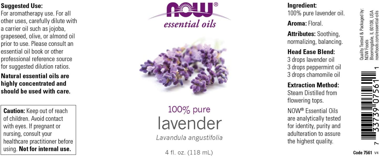 NOW Essential Oils, Lavender Oil, Soothing Aromatherapy Scent, Steam Distilled, 100% Pure, Vegan, Child Resistant Cap, 4-Ounce - 2 Packs
