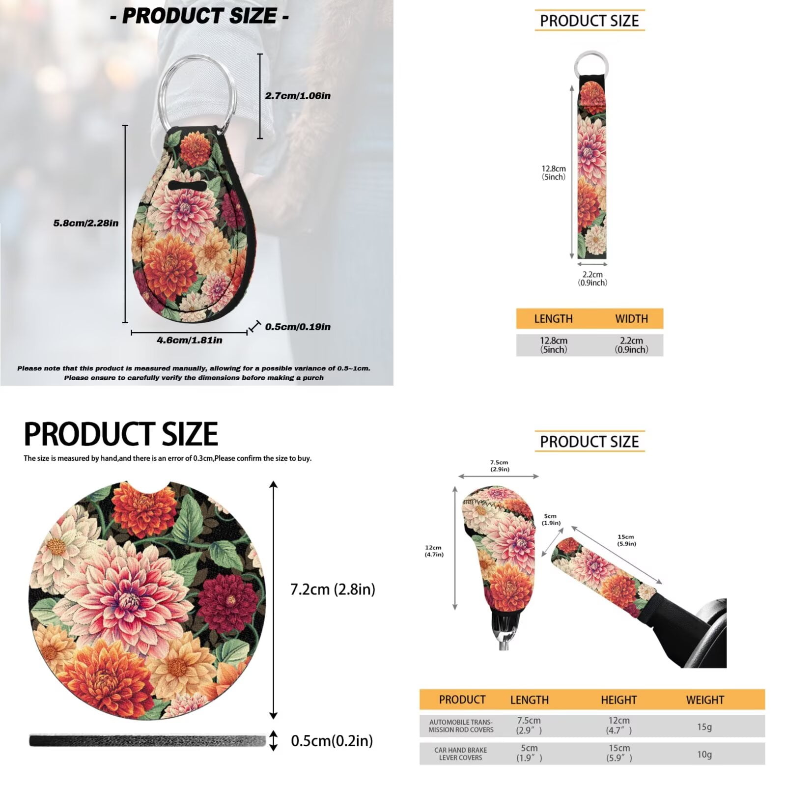 Uorisanigo Boho Flower Print 18pcs Car Seat Covers Full Set with Shoulder Strap Protector Center Console Cover Steering Cover Headrest Shift Knob Handbrake Covers Cup Holder Coasters Keychain