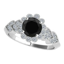 Mauli Jewels Engagement Rings for Women 1.15 Carat Black Diamond Halo Engagement Ring 4 prong 14K Solid White Gold