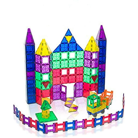 Playmags 150-Piece Magnetic Tiles Building Set – 3D Magnet Building Blocks, Creative Imagination, Inspirational, Educational STEM Toys for Kids with 1 Car