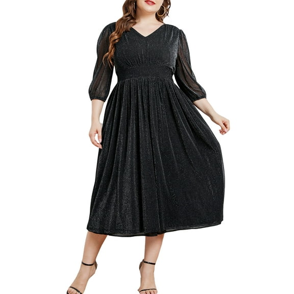 Eternatastic Vintage 3/4 Sleeves V-neck A-Line Swing Casual Party Dresses Women Plus XL Black