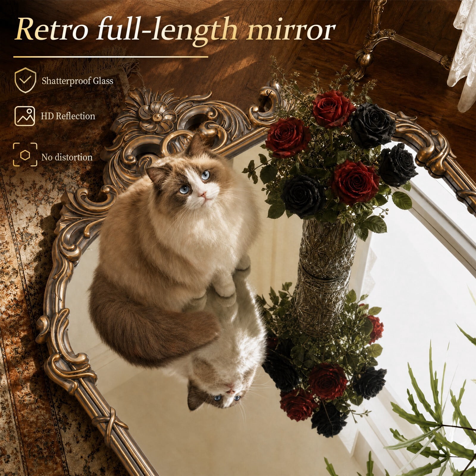 Easy4Home 71"x32" Arched Full-Length Floor Mirror Baroque Scroll Carved Standing Mirror, Bright Gold