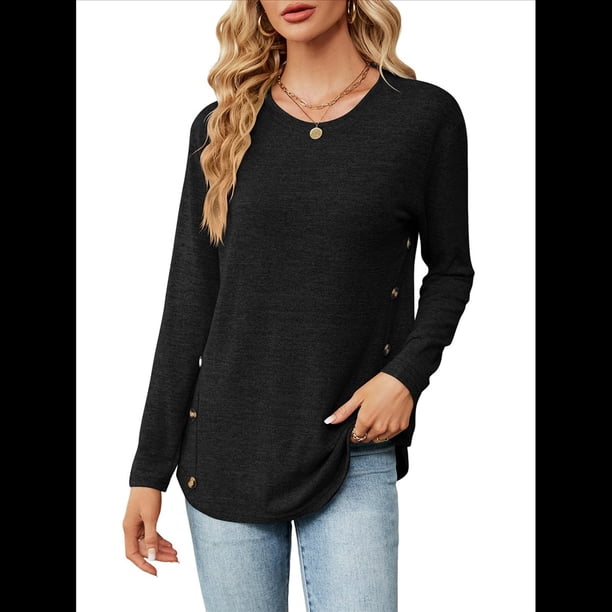 Blusas de Larga con Cuello Redondo para Mujer, Blusas Holgadas con Botones para Otoño e Invierno 2025. Negro L