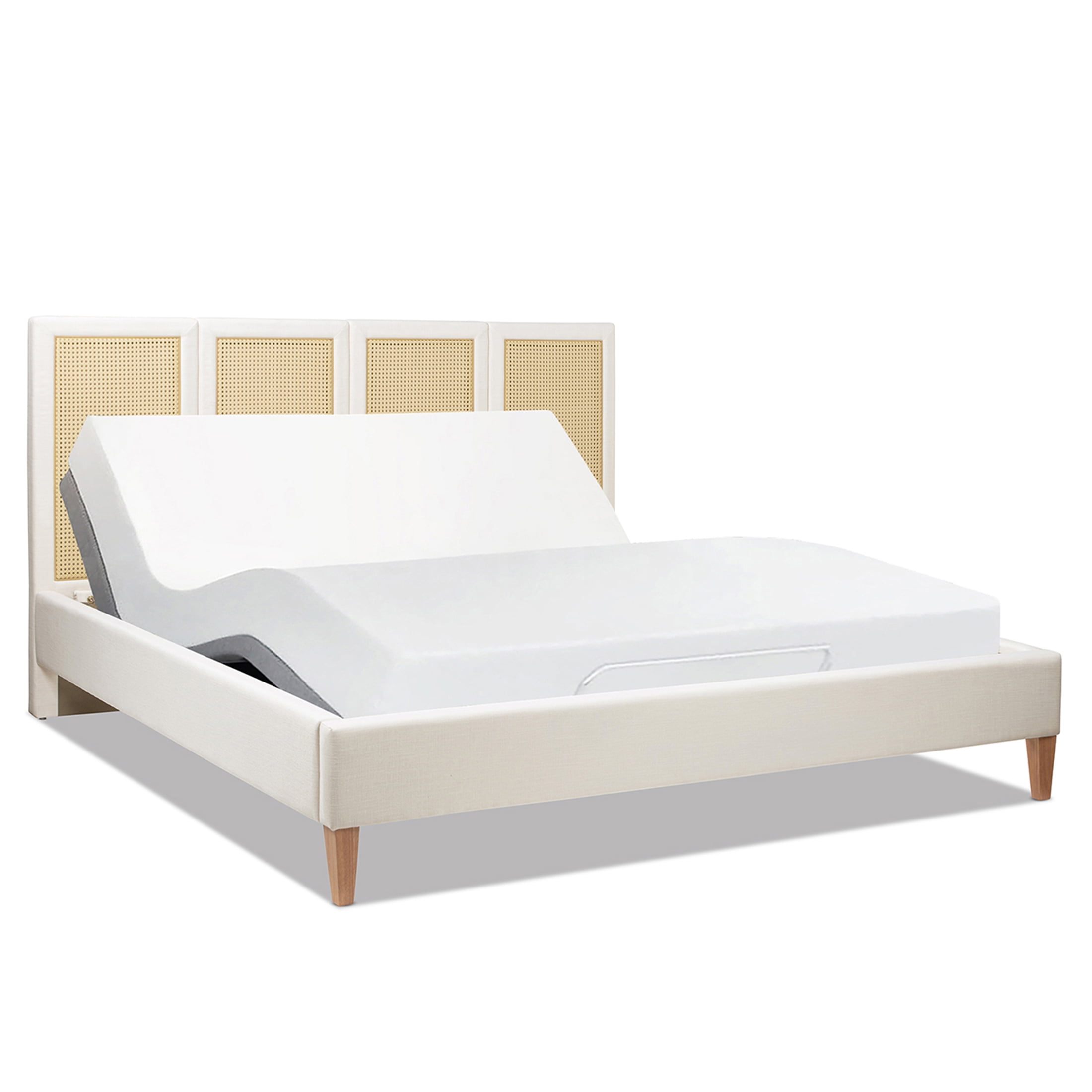 JERFIT King Size Upholstered Platform Bed Frame with Cane Rattan Headboard, Bohemian Coastal Bedroom Furniture in Antique White