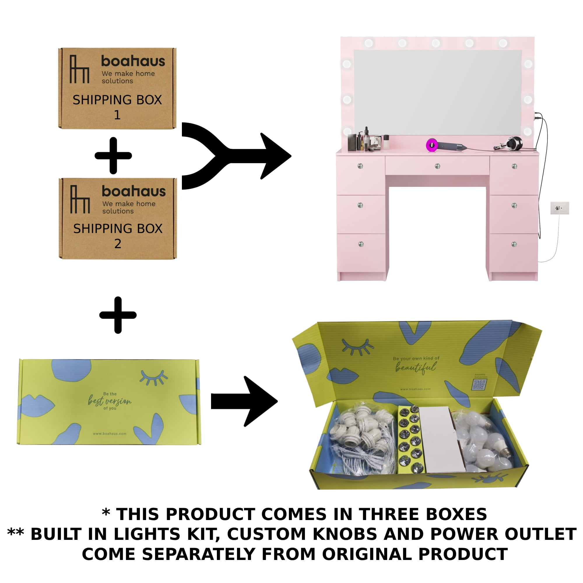 Ember Interiors Tammy Modern Large Pink Makeup Vanity Desk with Built-in Lights, Power Outlet with USB Type-C, 7 Drawers and Crystal Knobs
