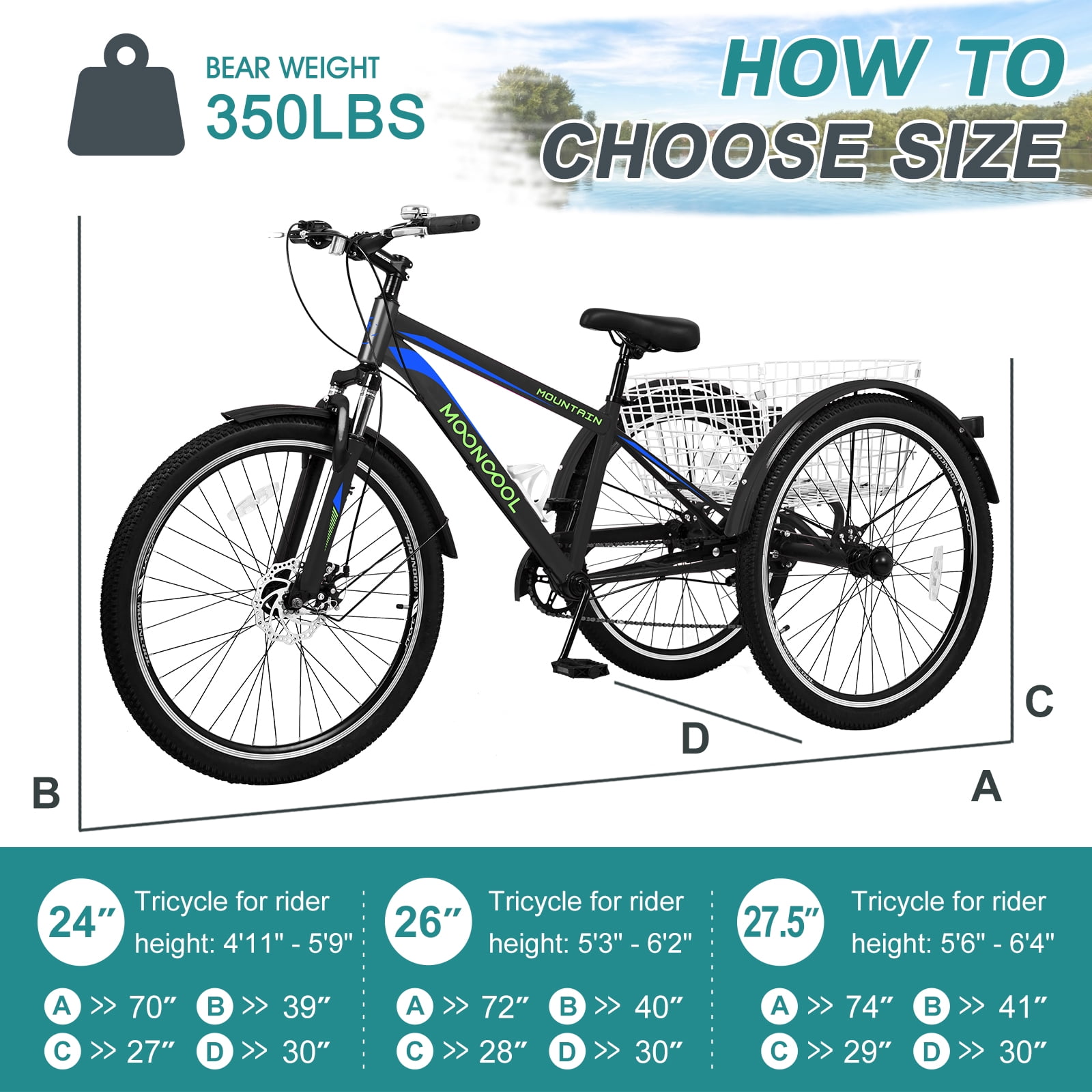Slsy Mountain Tricycle for Adults, 24/26/27.5 Inch MTB 7 Speed Three Wheel Bike, Adults Tricycle with Cargo Basket for Adults, Women, Men, Seniors