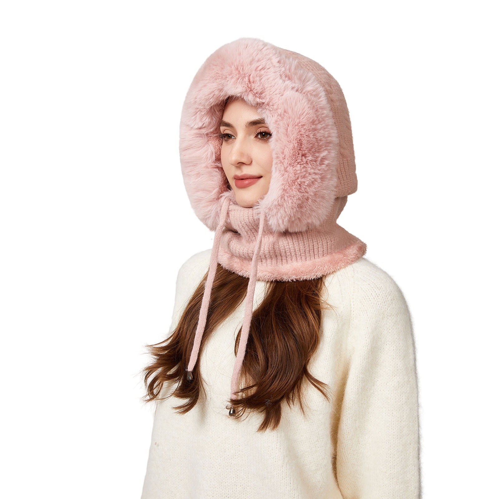 YZEGDCH Pink Women One Piece Slouchy Fleece Thicken Beanie Winter Hats Scarf Mask Drawstring Warm Hooded Winter Balaclava Pullover Knitted Winter Hat, Birthday Valentines Gift for Women
