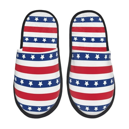 Balery American Patriotic Stars And Stripes Slient Indoor Furry Fleece Comfort House Shoes Soft Non-Slip Home Shoes Cotton slippers House Slippers-- Medium