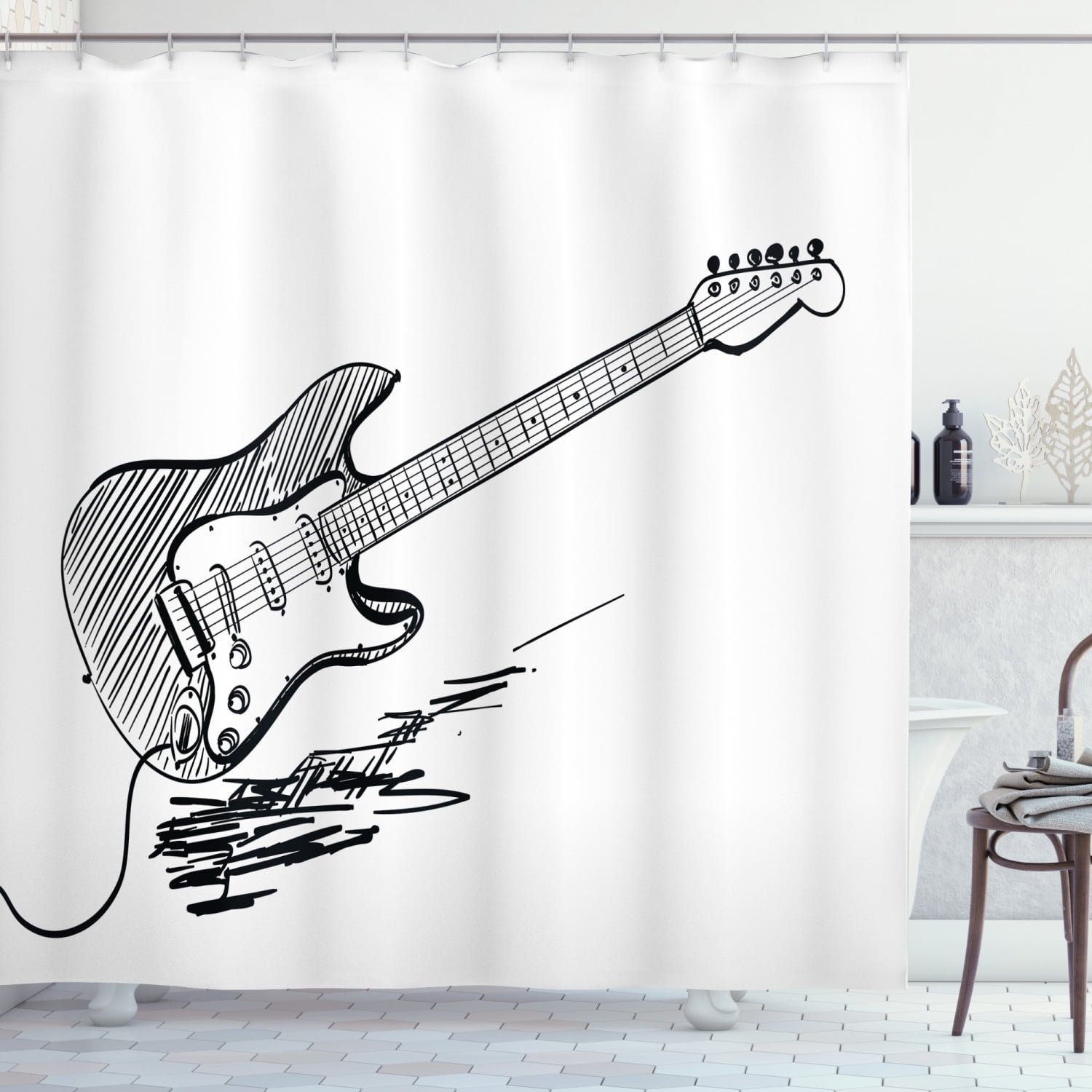 Cat playing guitar Shower Curtain Bathroom Decor Fabric & 12hooks 71*71inches