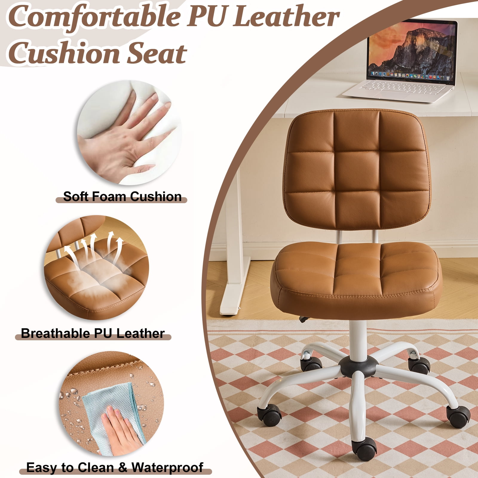 Ktaxon Armless Office Chair with Star Base PU Swivel Task Chair with 9-Grid Design for Study Room or Dressing Area Brown
