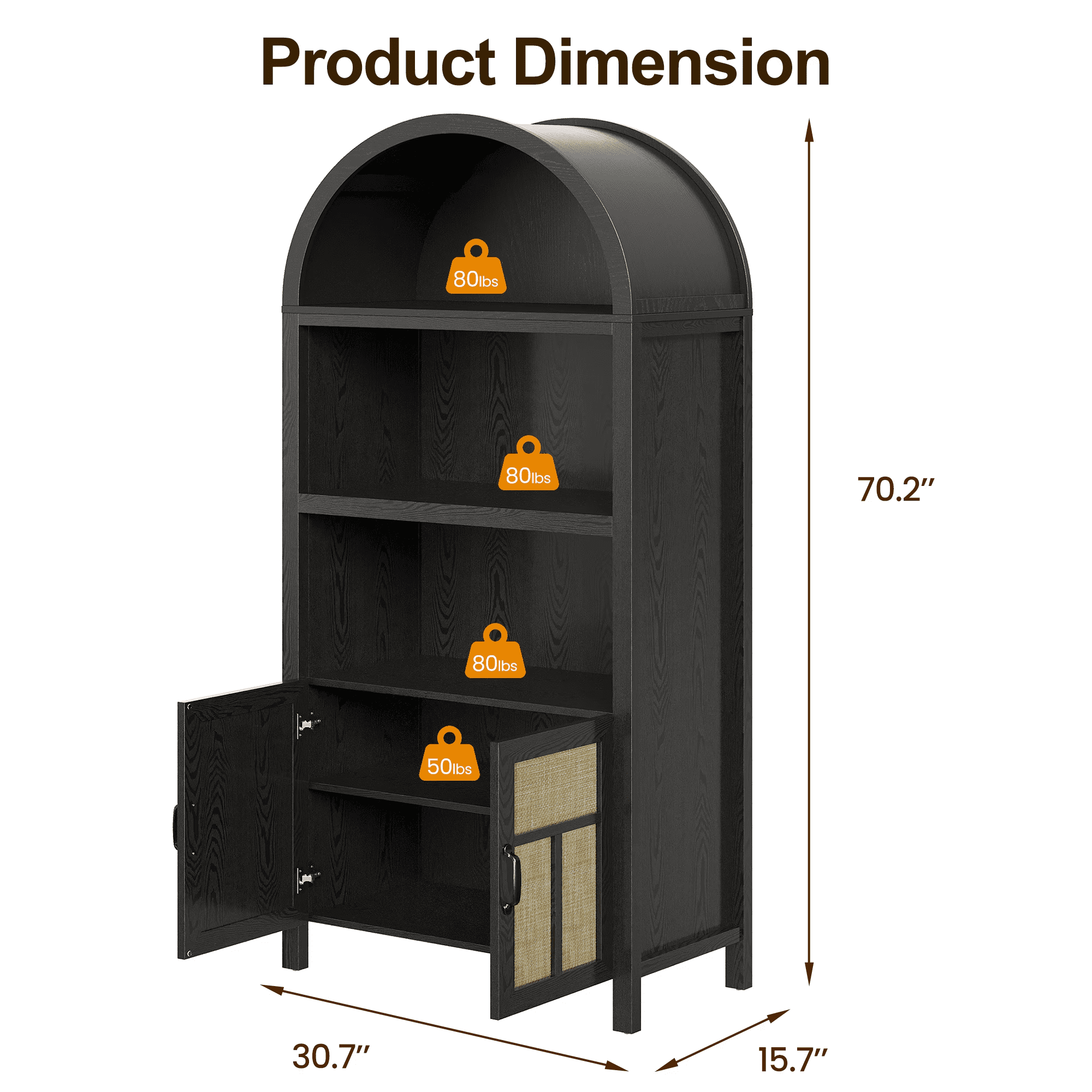 70" Arched Storage Cabinet with Doors, Boho Rattan Sideboard Buffet Cabinet with Adjustable Shelves, Tall Pantry Storage Table for Kitchen, Hallway, Dining Room, Living Room, Office, Black