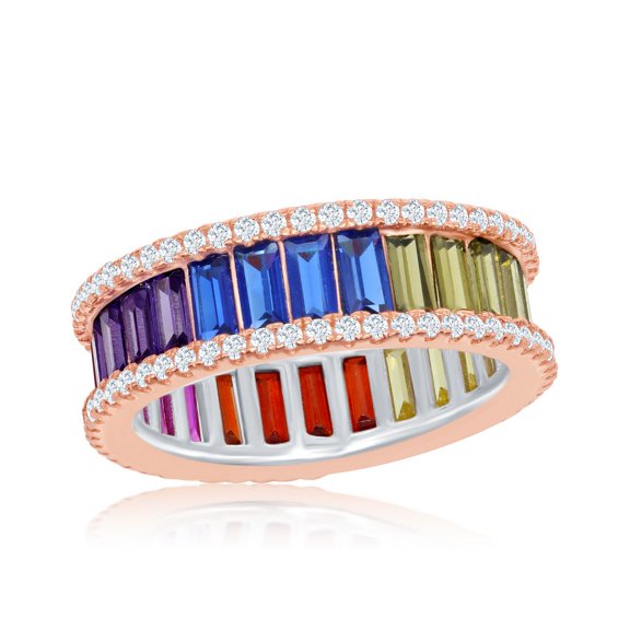 iJewelry2 Rose Gold Plated Sterling Silver Rainbow Multicolor Baguette and Clear CZ Large Band Ring Size 5