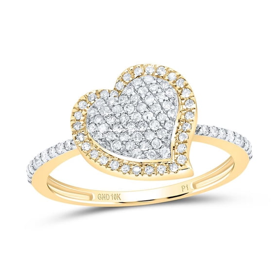 10K Yellow Gold Round Cut Diamond Women's Tiered Halo Fancy Curved Heart Right Hand Promise Ring 1/3 Ct.