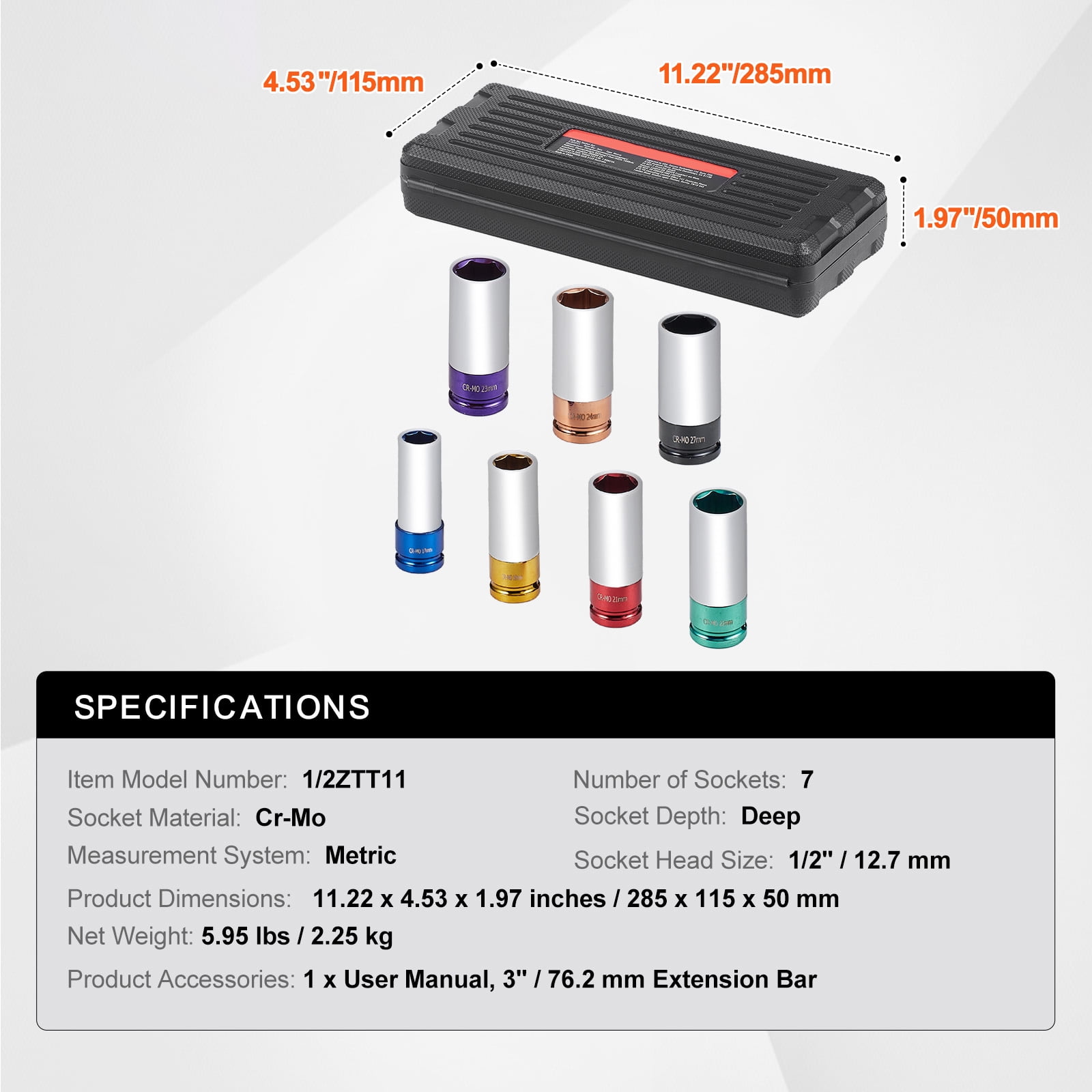 KFFKFF Impact Socket Set for Lug Nuts, 1/2 inch Drive, 6-Point Deep Socket Design, Incorporates 7 Lug Nut Sizes: 17/19/21/22/23/24/27mm, Crafted from CR-MO Steel, Comes with Organizing Case