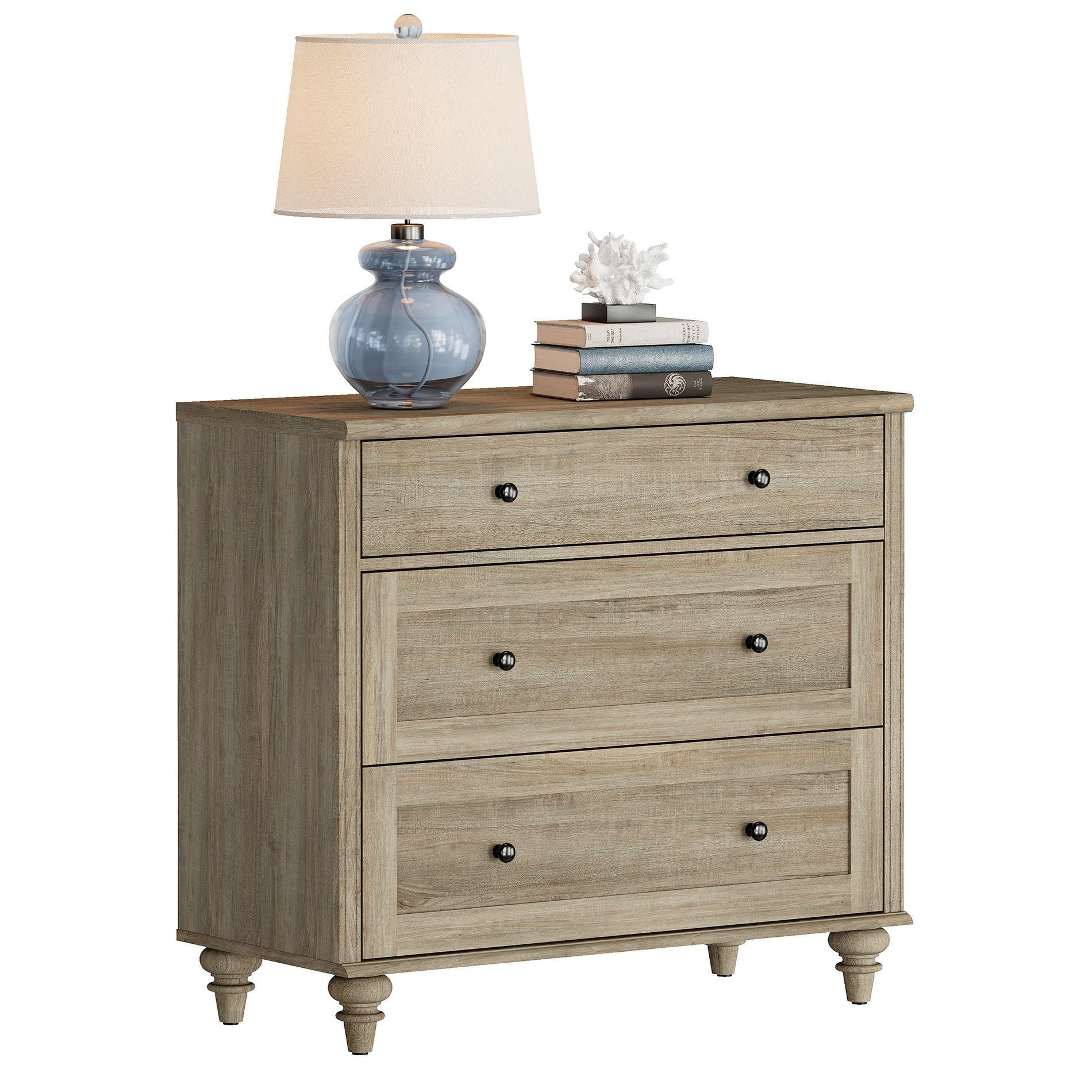 Mid Century Modern Wooden Bedroom End Table with 3 Drawers, Closet Storage Organizer, Gray Wash