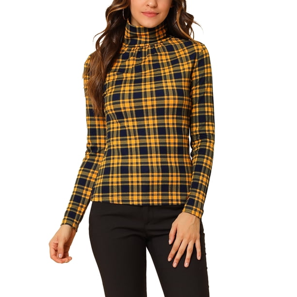 INSPIRE CHIC Camiseta de rayas de mujer de manga larga, casual, ajustada, de cuello alto, para primavera, otoño, fiesta de Navidad 2026 XS Amarillo