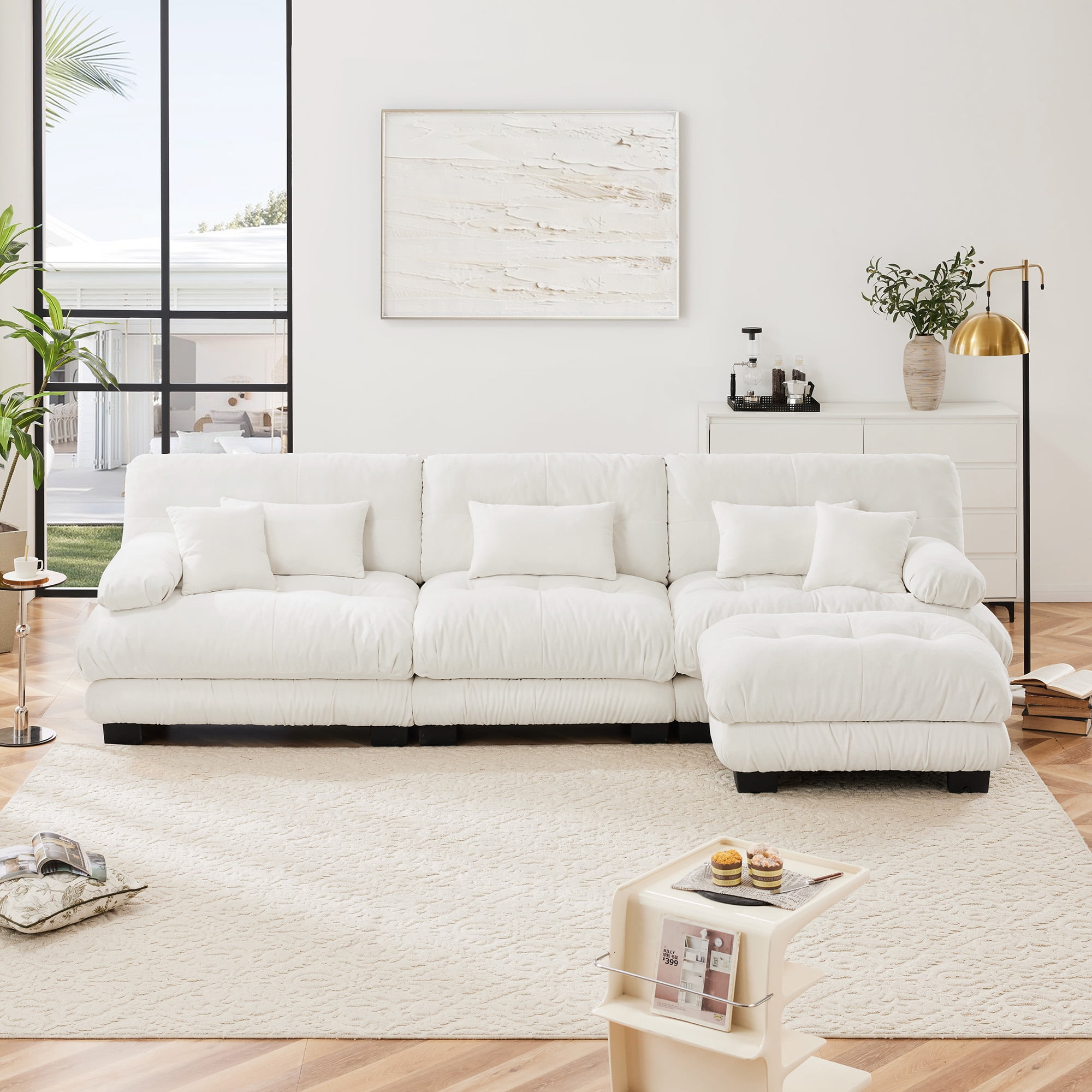 Gewnee Luxury Chenille Deep Seat White Modular Sectional Sofa Couch with Convertible Ottoman,Couch,Oversized L Shaped Cloud Couch for Living Room