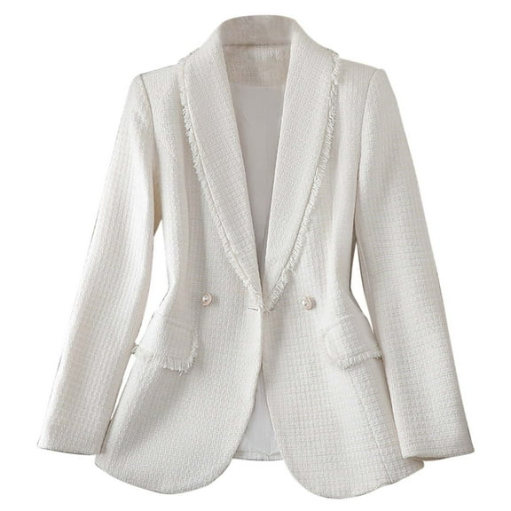 XPMWRP Women's Tweed Blazers Business Button Jackets Casual Long Sleeve Solid Color Lapel Jackets Fall Winter Loose Warm Trendy Coats with Pockets White XXL