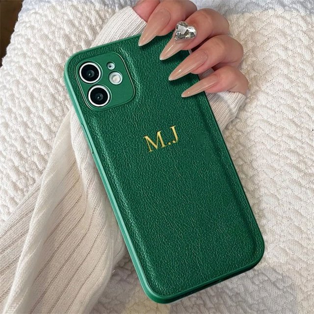 Personalized Customized Initials Name Letters Leather Case For iPhone 16 15 14 13 12 11 Pro Max 16 Plus Luxury Shockproof Cover Dark Green for iphone14 (6.1")