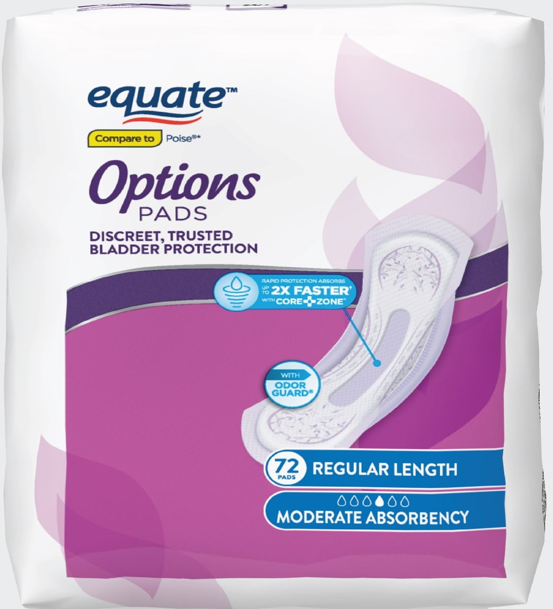 Equate Options Women's Incontinence Pads, Moderate Absorbency, Regular Length, Size 2, 72 Count