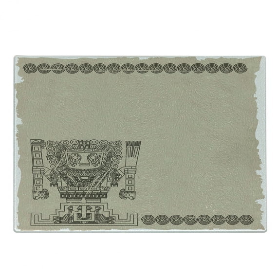 Tribal Cutting Board, Mayan and Inca Tribal Superstition Prehistoric Relic Archeology, Decorative Tempered Glass Cutting and Serving Board, Small Size, Tan Army Green, by Ambesonne